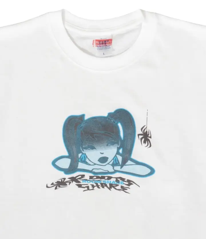 Detail view of a white T-shirt showcasing a darker blue anime-inspired portrait with layered shading and stylized “ROOM SHARE” text below. A small spider hanging by a thread adds a playful cyber-goth touch to the graphic