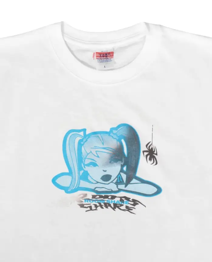 White short-sleeve graphic T-shirt with a split-tone blue character illustration at center chest, combining soft gradients and outlined details. The artwork is paired with layered “ROOM SHARE” branding and a hanging spider motif for a nostalgic Y2K-inspired look