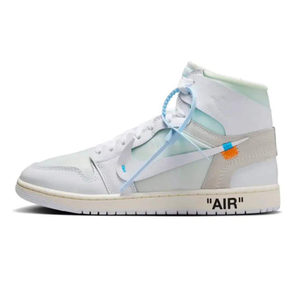 Side profile product image of a white high-top shoe with translucent panels, contrast detailing, exposed-style design elements, and printed text branding
