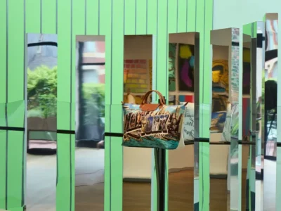 A special-edition Longchamp Le Pliage “Greetings from New York” bag displayed within a mirrored installation at the retrospective exhibition celebrating two decades of Jeremy Scott design