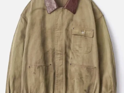 SSSTEIN khaki beige vintage jacket with burgundy leather collar and oversized workwear-inspired silhouette