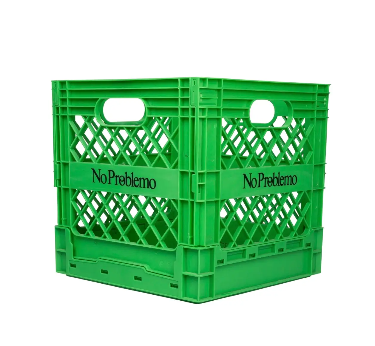 Bright green No Problemo storage crate featuring black logo branding, lattice side construction, and industrial-inspired plastic design in a studio product shot