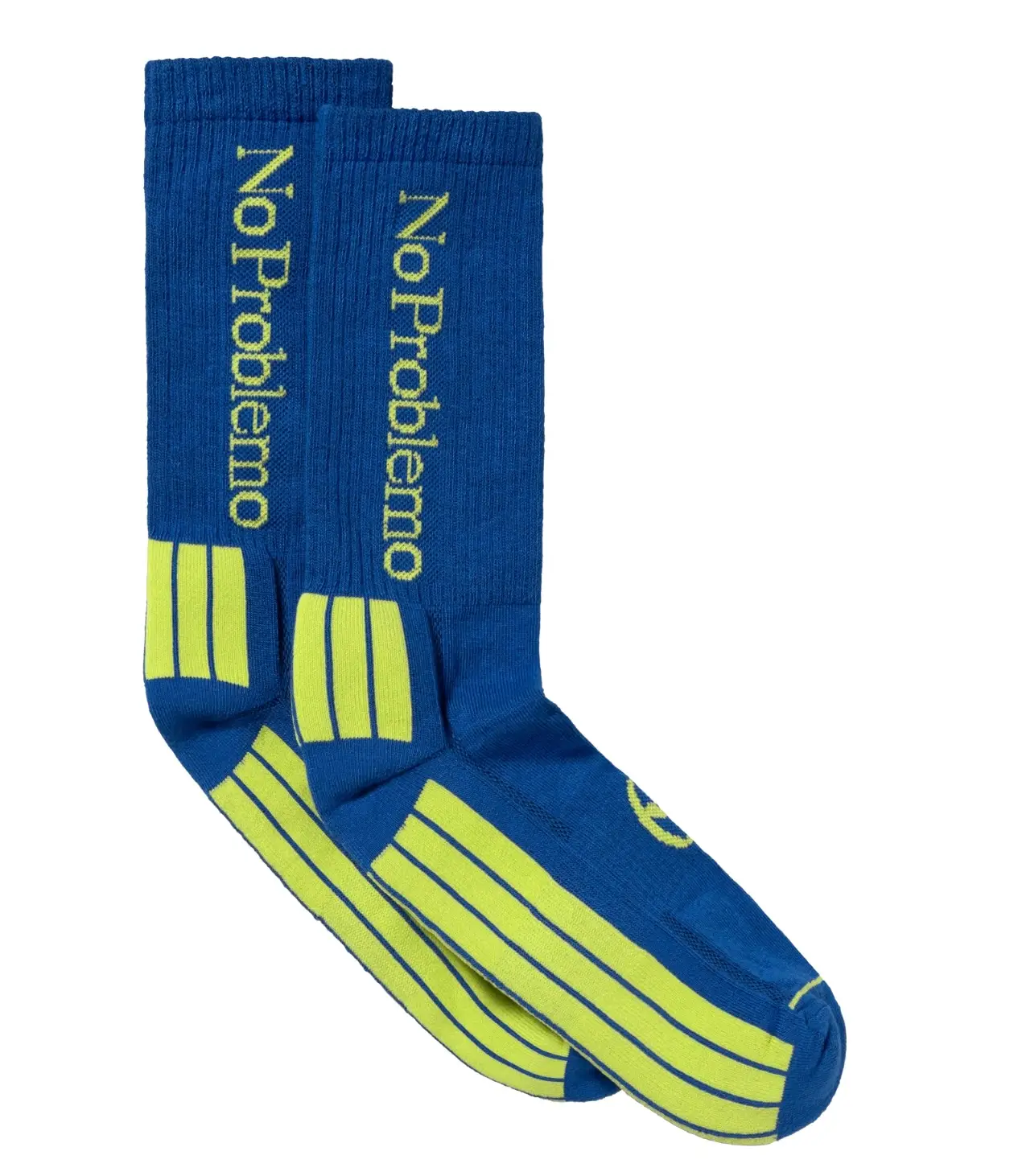 Blue No Problemo crew socks featuring neon yellow vertical branding, striped sole detailing, and sporty ribbed construction against a clean studio background