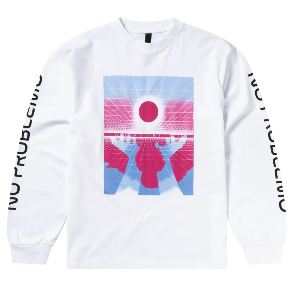 White long-sleeve graphic T-shirt featuring a retro-futurist pink and blue grid illustration at the center, with oversized “No Problemo” text running down both sleeves in black against a clean light-gray studio background
