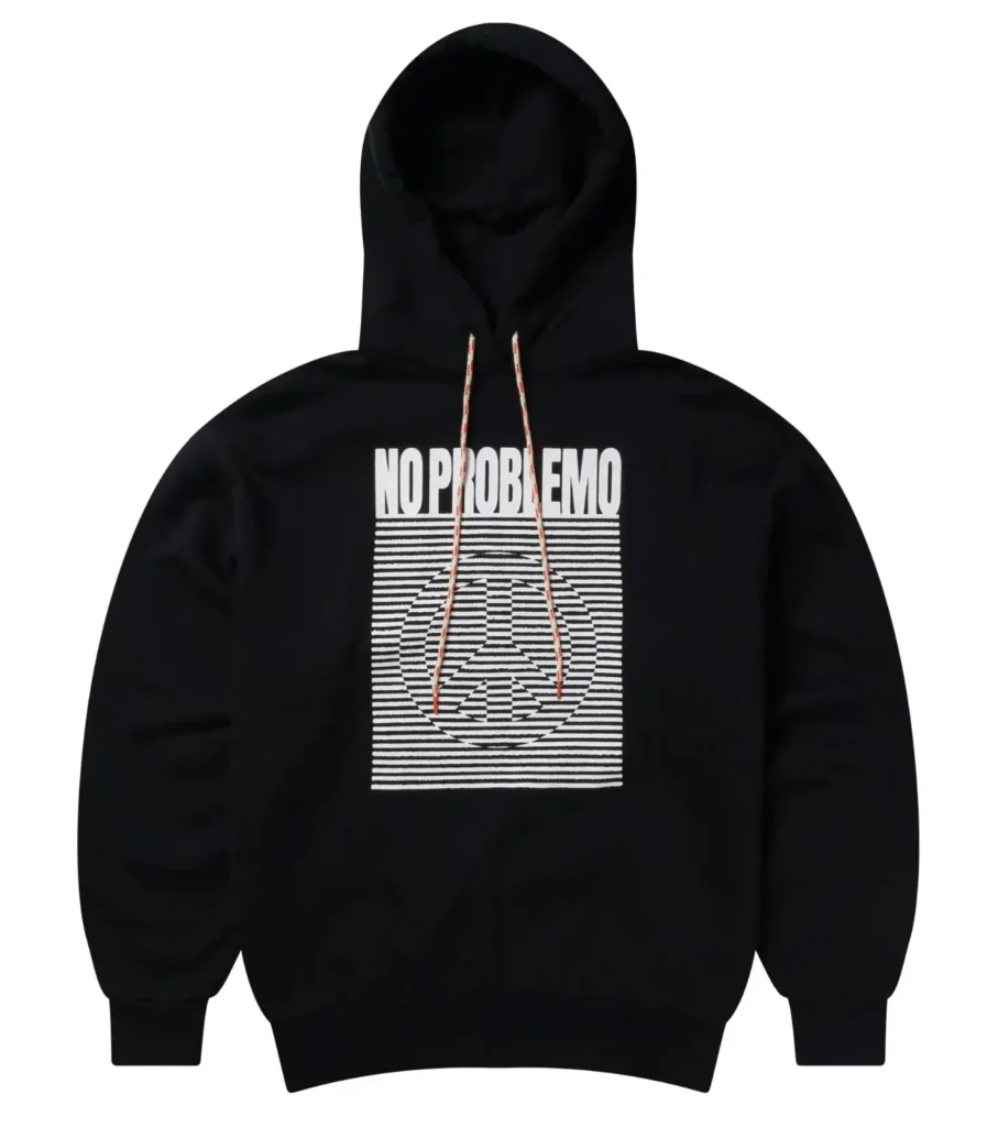 Black pullover hoodie featuring a bold white “No Problemo” graphic print with striped geometric artwork at the center, finished with contrast drawstrings and presented against a clean light-gray studio background