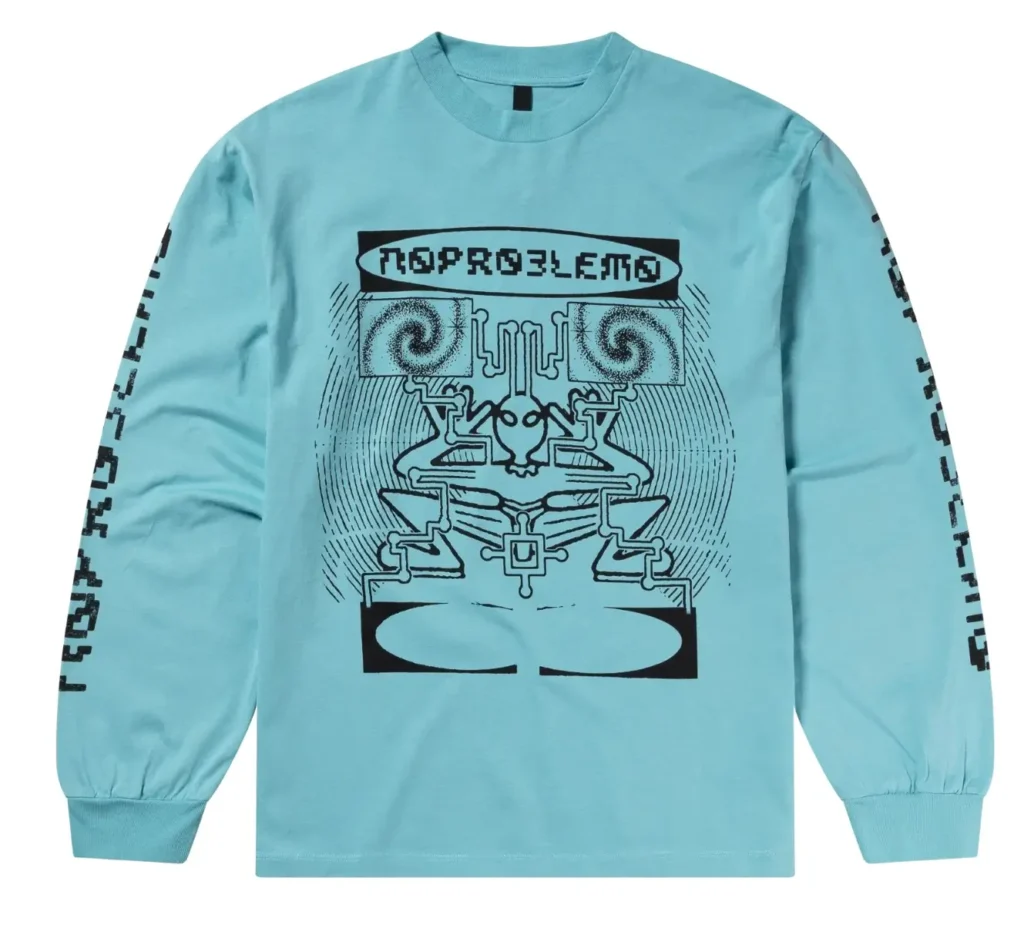 Light aqua long-sleeve graphic T-shirt featuring bold black futuristic artwork and distorted “No Problemo” branding across the chest and sleeves, styled in a clean studio product image against a soft light-gray background
