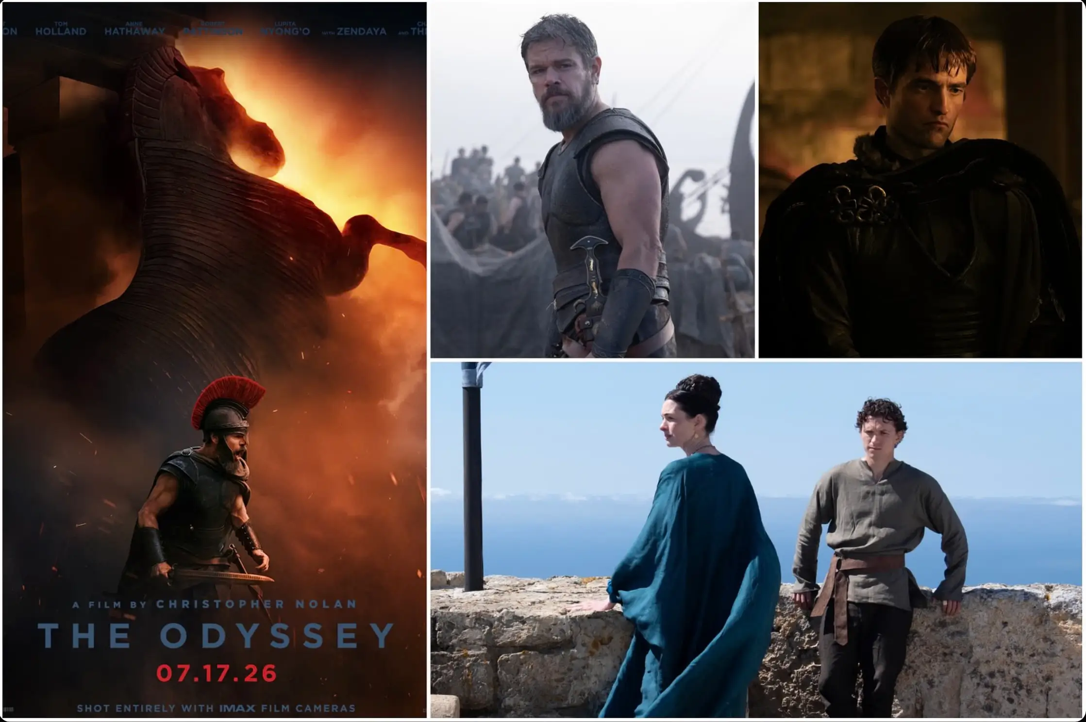 A collage of cinematic stills and promotional imagery from a mythological epic inspired by ancient Greece, centered around a towering Trojan horse engulfed in fire and smoke. The composition features rugged warriors in weathered bronze armor, a stern bearded commander standing amid ships and fog, and a shadowed aristocratic figure dressed in dark ceremonial garments illuminated by amber firelight. Alongside the war imagery, quieter coastal scenes show two figures overlooking the sea from stone cliffs beneath bright Mediterranean skies. The visual palette shifts between burning orange infernos, muted steel-gray battle atmospheres, and sunlit blues, creating a grand historical tone associated with prestige large-format epic filmmaking