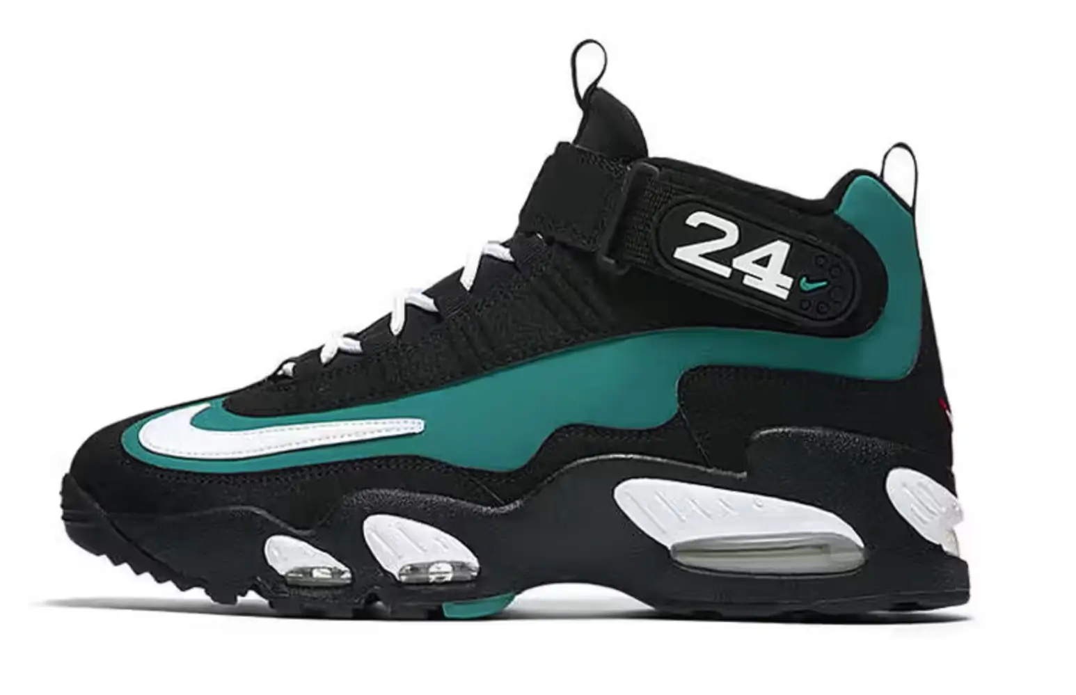 Side profile of a black-and-teal Nike Griffey-inspired high-top sneaker featuring flowing teal overlays, a large white outlined Swoosh, and a chunky black midsole with visible Air cushioning units. The silhouette includes a velcro ankle strap stamped with the number “24,” white laces, and subtle teal outsole accents that reinforce the shoe’s retro baseball-inspired aesthetic. The shoe is photographed against a clean light gray studio background