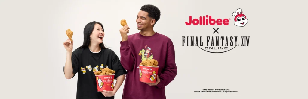 Campaign banner featuring two models wearing the Jollibee x FINAL FANTASY XIV collection while holding Chickenjoy buckets beneath oversized collaboration logos