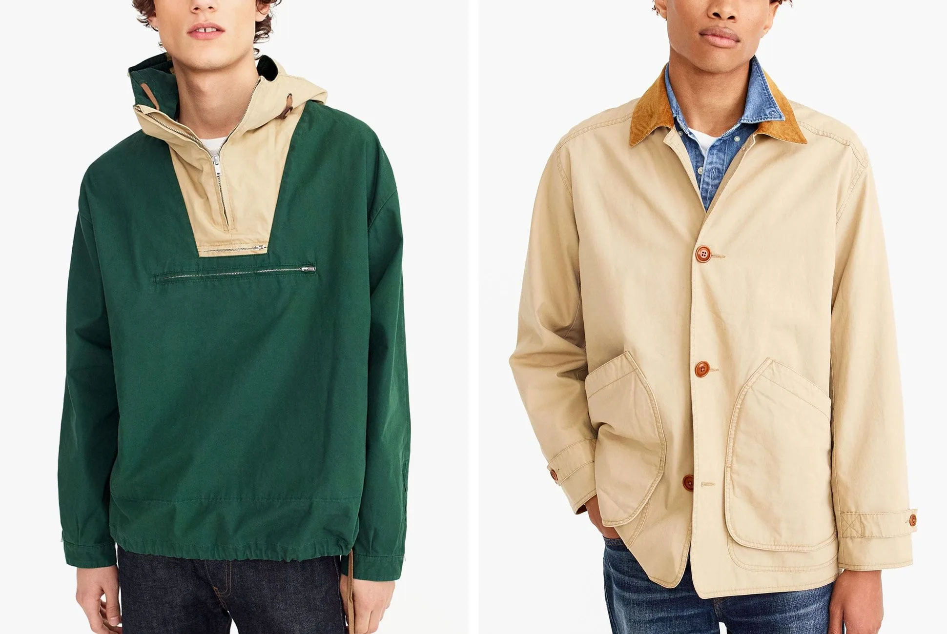 Two models wearing heritage-inspired J.Crew outerwear against a minimalist studio backdrop. On the left, a model wears the iconic green-and-beige pullover anorak with a high hood, half-zip placket, and relaxed oversized fit, paired with dark denim for a classic archival-prep look. On the right, another model wears a beige chore-style jacket featuring oversized patch pockets, brown corduroy collar detailing, and layered denim shirting underneath. Both garments reflect J.Crew’s longstanding balance between utilitarian American sportswear and refined casual dressing, channeling the timeless catalog aesthetic that defined the brand’s late-1980s and early-1990s era