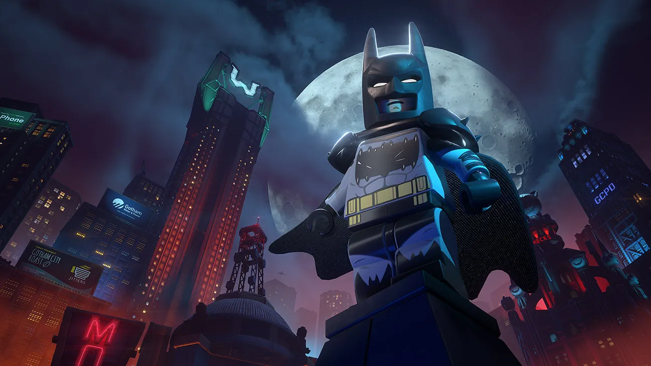 LEGO Batman stands atop a Gotham rooftop beneath a massive full moon, surrounded by neon-lit skyscrapers and glowing GCPD towers in a dark cinematic skyline