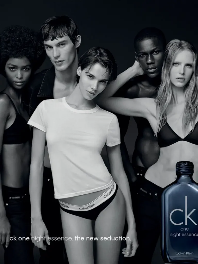 Diverse icons in raw black & white. Magnetic group energy. “The new seduction” by Calvin Klein