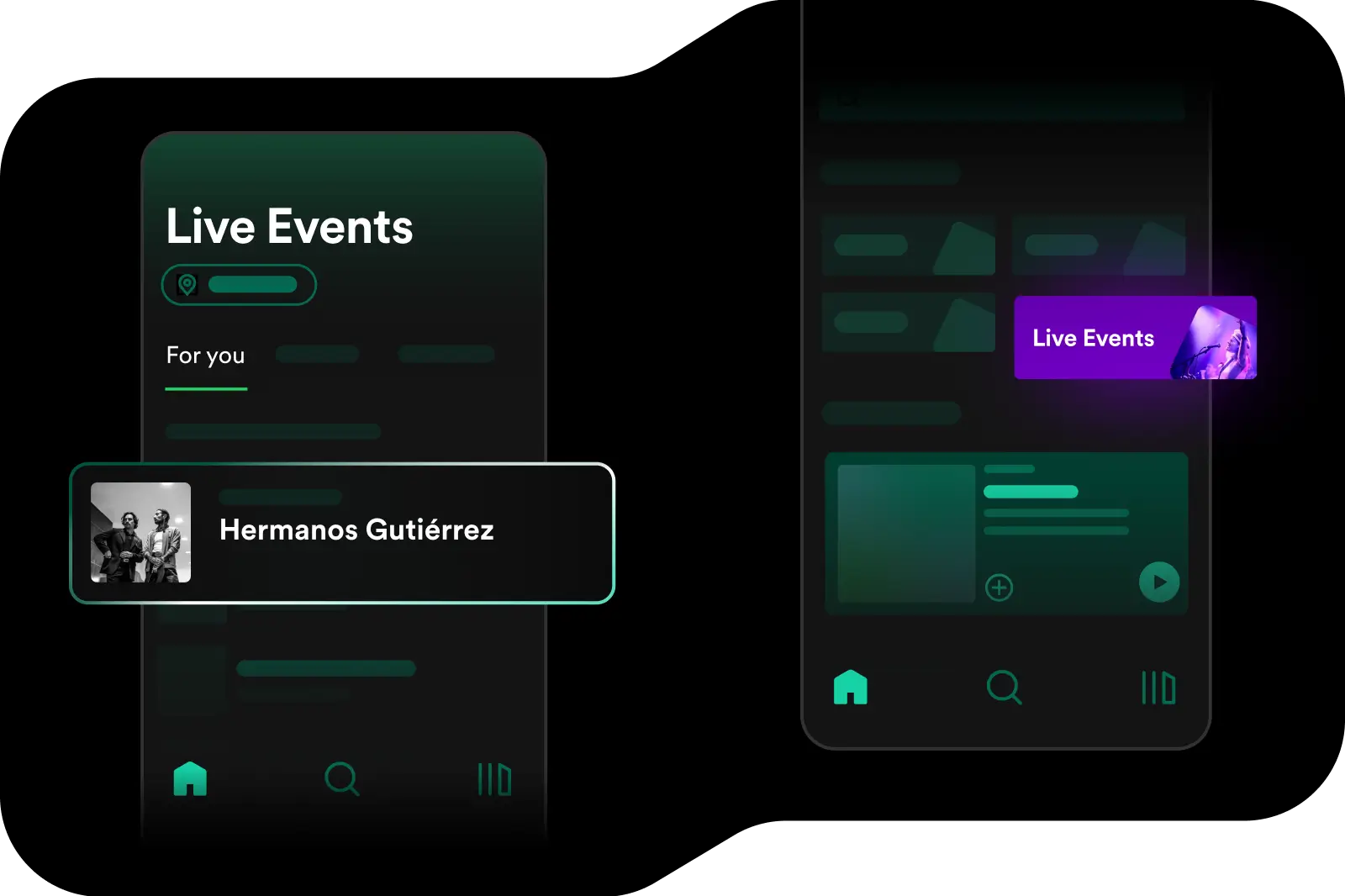 Stylized Spotify Live Events interface mockup displayed across two dark mobile screens, featuring personalized concert discovery cards, location filtering, and highlighted artist recommendations designed to connect listeners with upcoming live performances