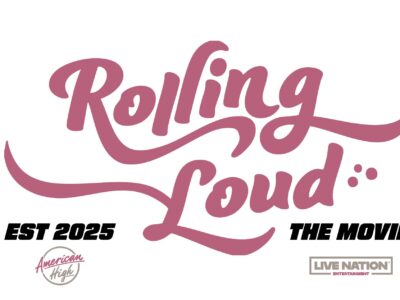 Official title treatment for Rolling Loud The Movie featuring oversized flowing pink script typography across a clean light background, paired with bold black “EST 2025” and “THE MOVIE” lockups, plus production logos for American High and Live Nation Entertainment—blending festival branding with theatrical poster identity