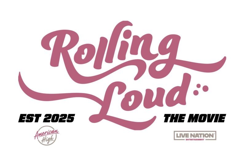 Official title treatment for Rolling Loud The Movie featuring oversized flowing pink script typography across a clean light background, paired with bold black “EST 2025” and “THE MOVIE” lockups, plus production logos for American High and Live Nation Entertainment—blending festival branding with theatrical poster identity