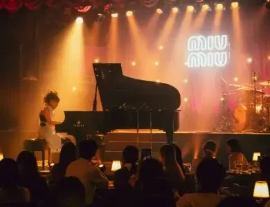 Warmly lit jazz club performance featuring a pianist seated at a grand piano onstage beneath glowing Miu Miu signage, with audience members gathered at candlelit tables in a vintage-inspired venue