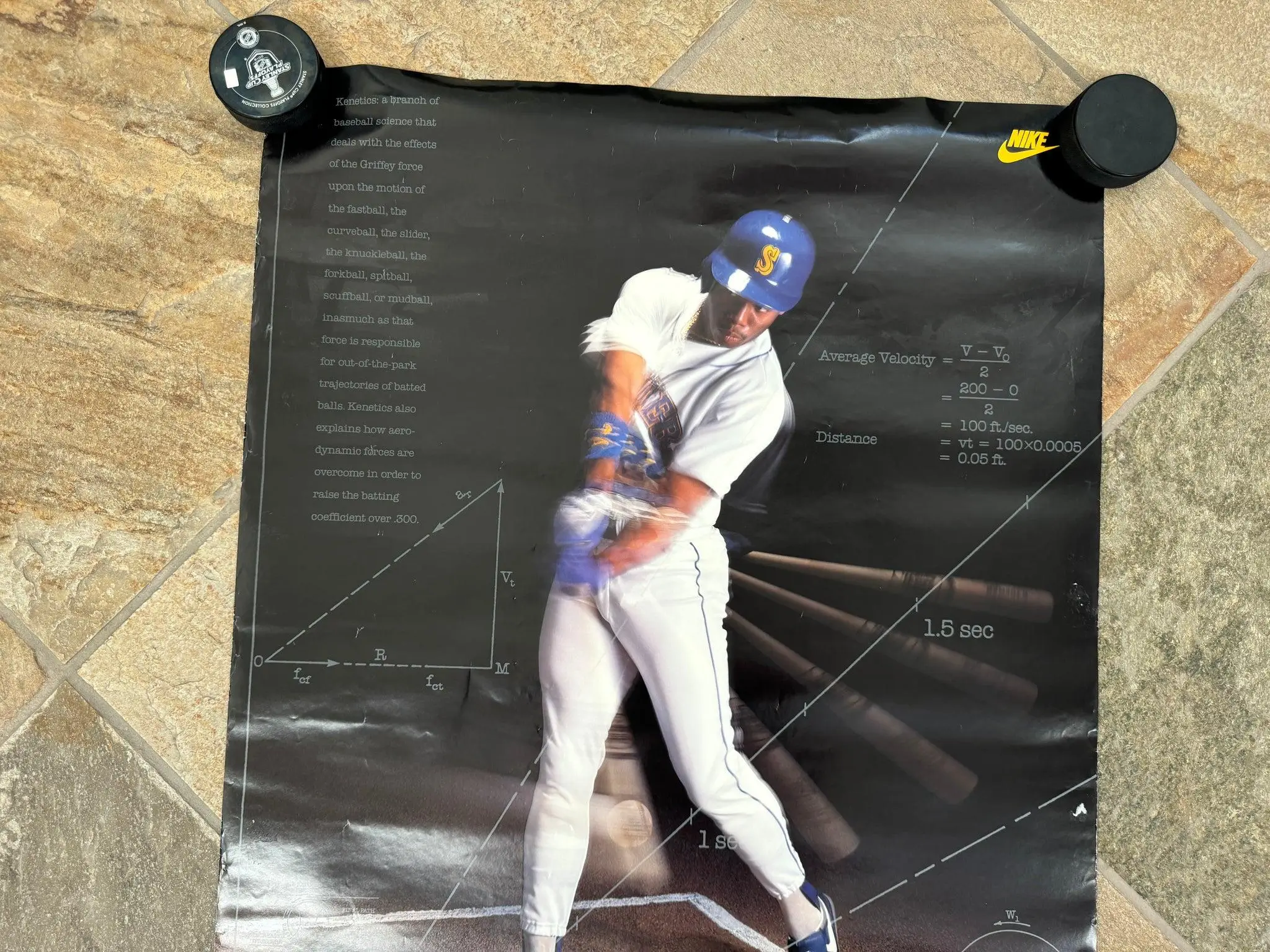 Vintage Nike baseball poster featuring Ken Griffey Jr. mid-swing in a white Seattle Mariners uniform against a dark black background layered with physics diagrams, trajectory sketches, and baseball motion equations. The poster combines sports imagery with scientific graphics and kinetic formulas, while yellow Nike branding appears in the upper corner, reinforcing the brand’s 1990s performance marketing aesthetic