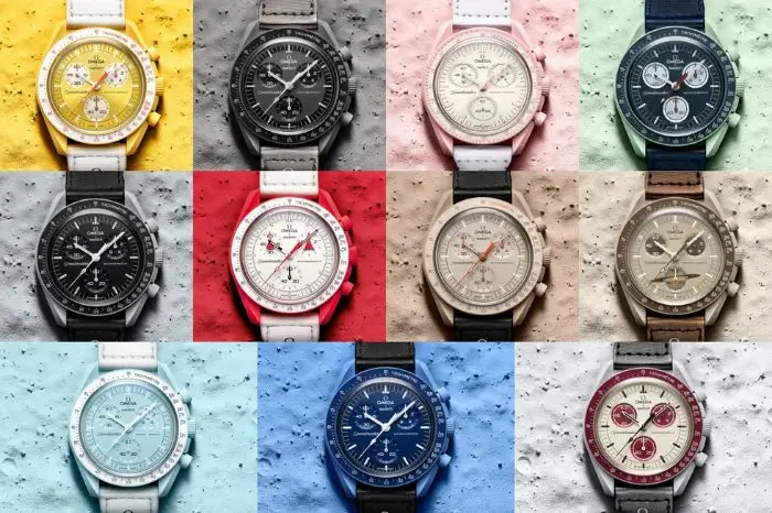 Grid display of multiple Omega x Swatch MoonSwatch models in different tincture bioceramic variations inspired by the Omega Speedmaster, photographed against textured pastel backgrounds