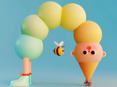 Minimalist pastel 3D illustration of an abstract character composition against a soft sky-blue background. Rounded mint, yellow, and peach balloon-like forms curve into an arch shape, ending in a cone-shaped face with oversized glossy eyes and tiny circular facial details. A small cartoon bee hovers in the center, while one side stands on stylized legs wearing translucent mint shoes. The scene has a playful, surreal toy-like aesthetic with smooth gradients and soft light