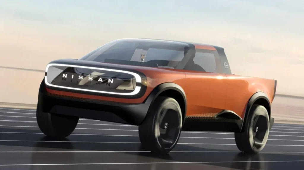 Studio-style motion render of the Nissan Surf-Out Concept highlighting its compact electric pickup proportions, smooth body surfaces, enclosed wheels, and futuristic illuminated front fascia