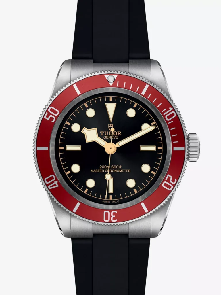 TUDOR Black Bay 41mm stainless steel dive watch with burgundy unidirectional bezel, black domed dial, luminous snowflake hands, and black rubber strap, shown in a clean front-facing studio view