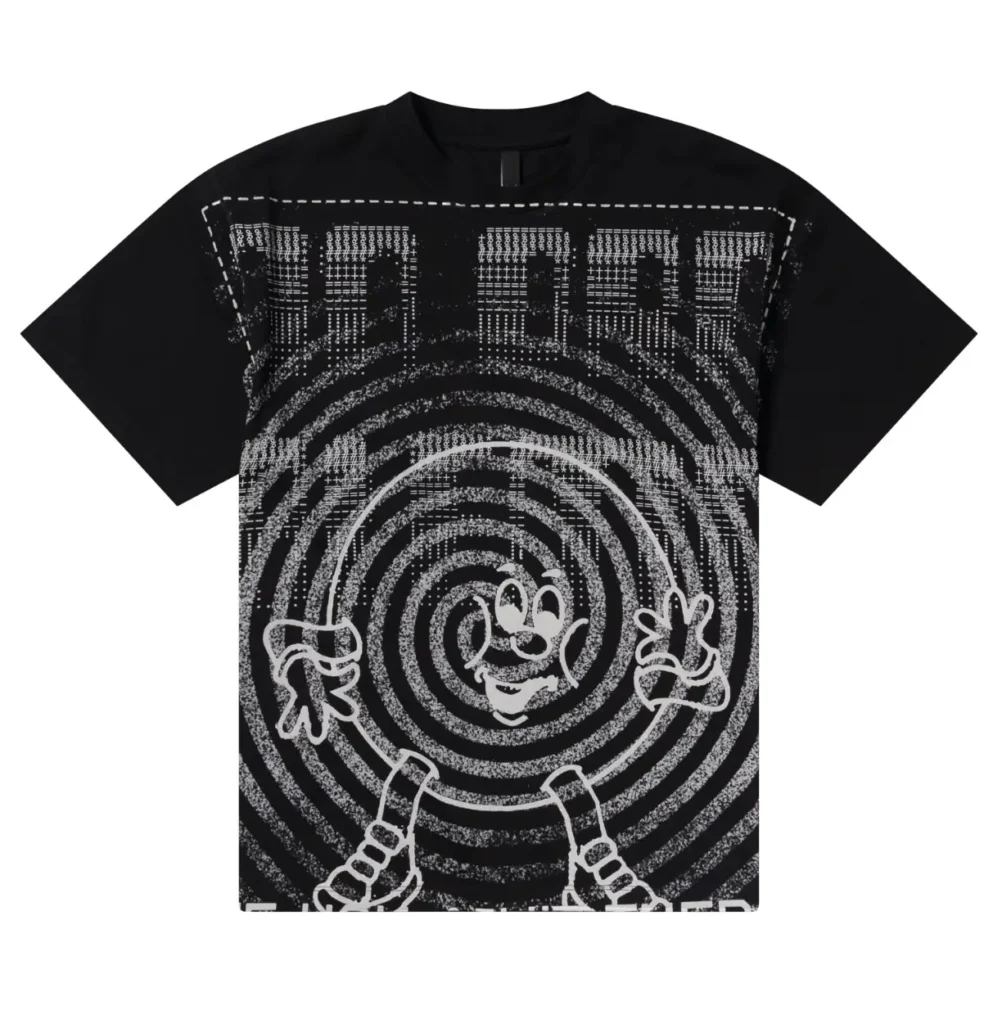 Black graphic T-shirt featuring a distorted white spiral illustration with a cartoon-style figure and abstract digital typography, presented in a bold monochrome studio product shot against a light-gray background