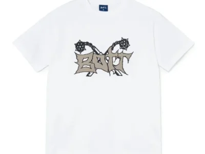 White BoTT graphic T-shirt featuring a bold distressed-style BoTT logo across the chest intertwined with illustrated medieval flail motifs, blending play aggression with contemporary Japanese streetwear aesthetics
