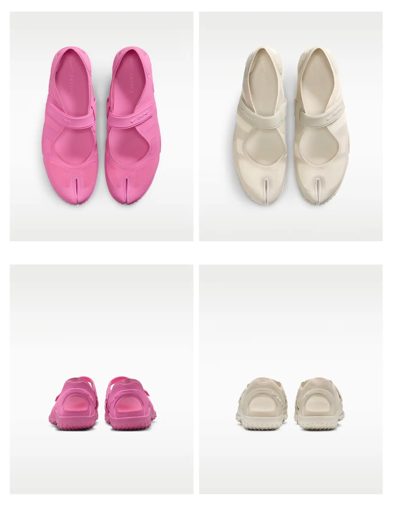 The brighter pink and soft bone-white colorways push the silhouette further into fashion territory, emphasizing its molded, almost foam-like construction and sculptural simplicity. From both the top and rear angles, the split-toe detailing, open instep, and rugged outsole create a balance between ballet-inspired softness and utilitarian functionality, giving the shoe a distinctly futuristic identity