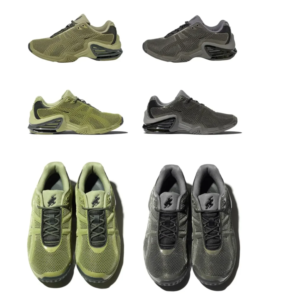 Multi-angle presentation of a futuristic performance sneaker in muted olive and charcoal gray palettes, showcasing breathable mesh construction, layered structural overlays, sculpted heel cushioning, and streamlined low-profile proportions from lateral and top-down perspectives