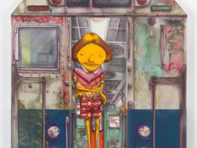 Stylized mixed-media artwork of a weathered New York City subway car marked “6 Not in Service,” with graffiti, faded metal textures, and glowing signal lights. Standing in the open center doorway is a surreal yellow-faced figure with elongated legs, patterned shorts, a striped sweater vest, and green sneakers, holding a spray can inside the dim, graffiti-covered train interior
