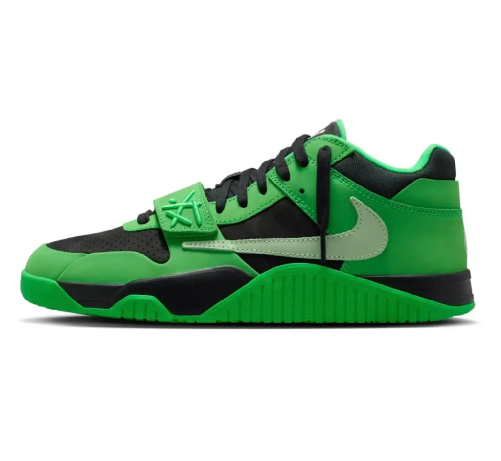 Side profile product image of a low-top shoe in bright green and black with oversized paneling and performance-inspired proportions