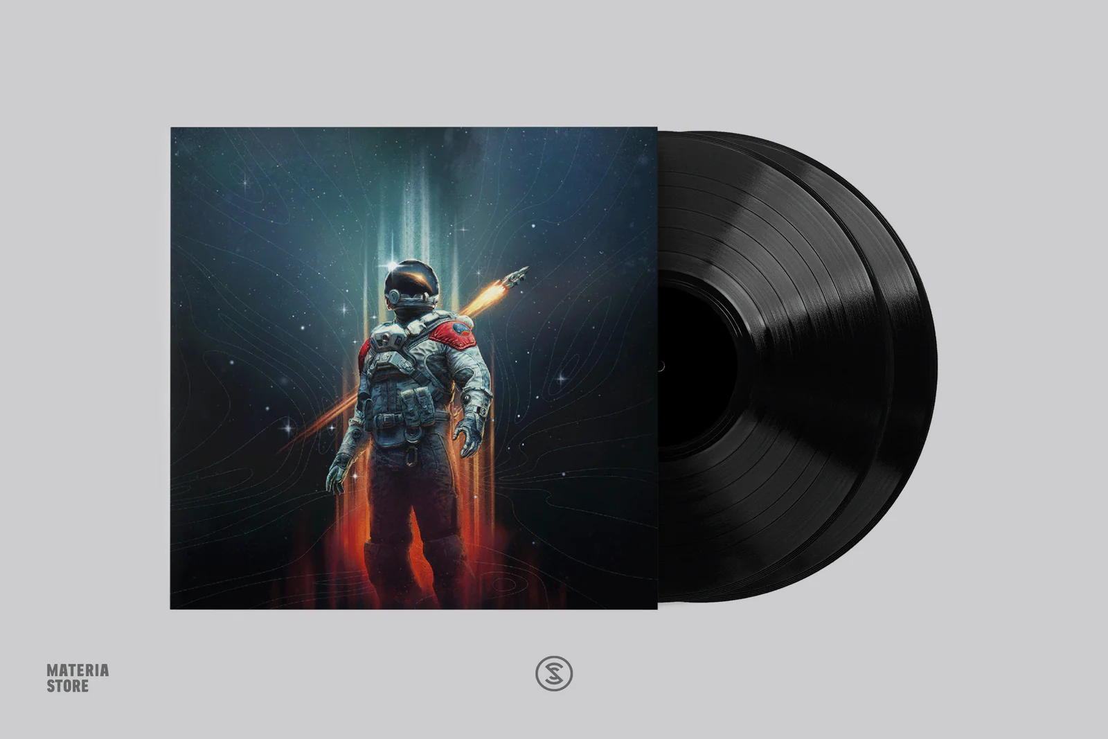 Promotional mockup of a black vinyl record partially pulled from its sleeve featuring sci-fi artwork of a lone astronaut in a detailed space suit standing against a star-filled cosmic backdrop. Vertical beams of light rise behind the figure while a small rocket streaks diagonally across the scene, leaving a fiery trail. The composition uses deep navy, teal, and glowing orange tones against a minimal light gray background, with Materia Store branding in the lower left