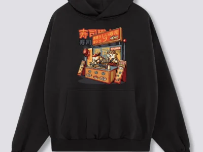 Black oversized pullover hoodie featuring a colorful front graphic of a cartoon-style sushi stand staffed by illustrated cat characters. The design incorporates Japanese-inspired signage, warm red and orange tones, and playful food-stall detailing, giving the piece a cozy streetwear aesthetic influenced by anime and urban snack culture