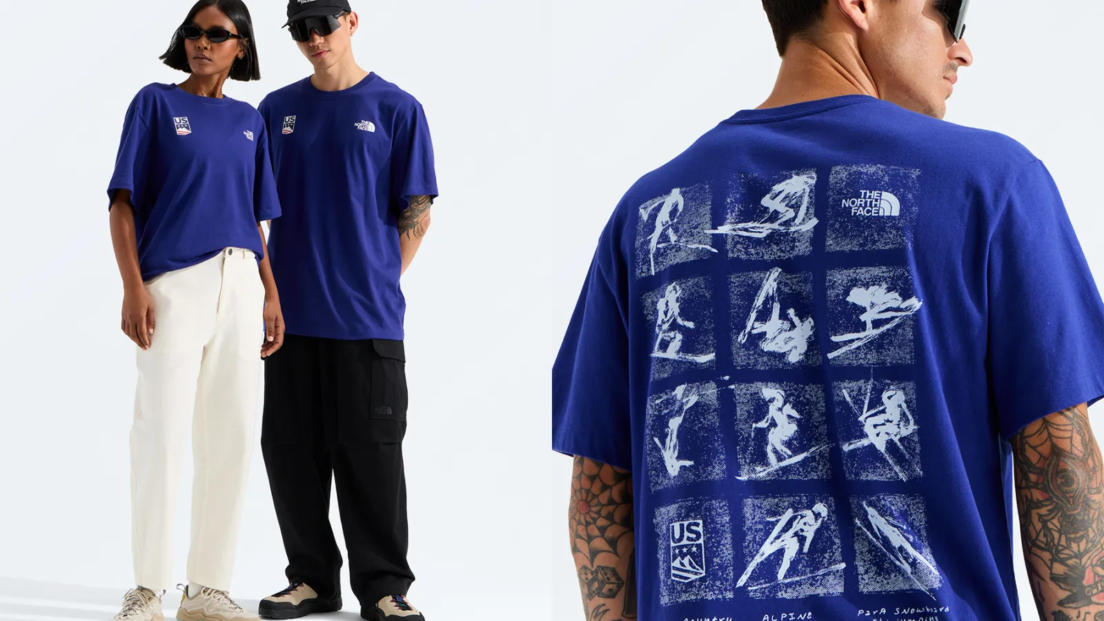 Models wearing oversized royal blue Team USA T-shirts by The North Face, featuring minimalist front branding and illustrated winter sport graphics across the back panel