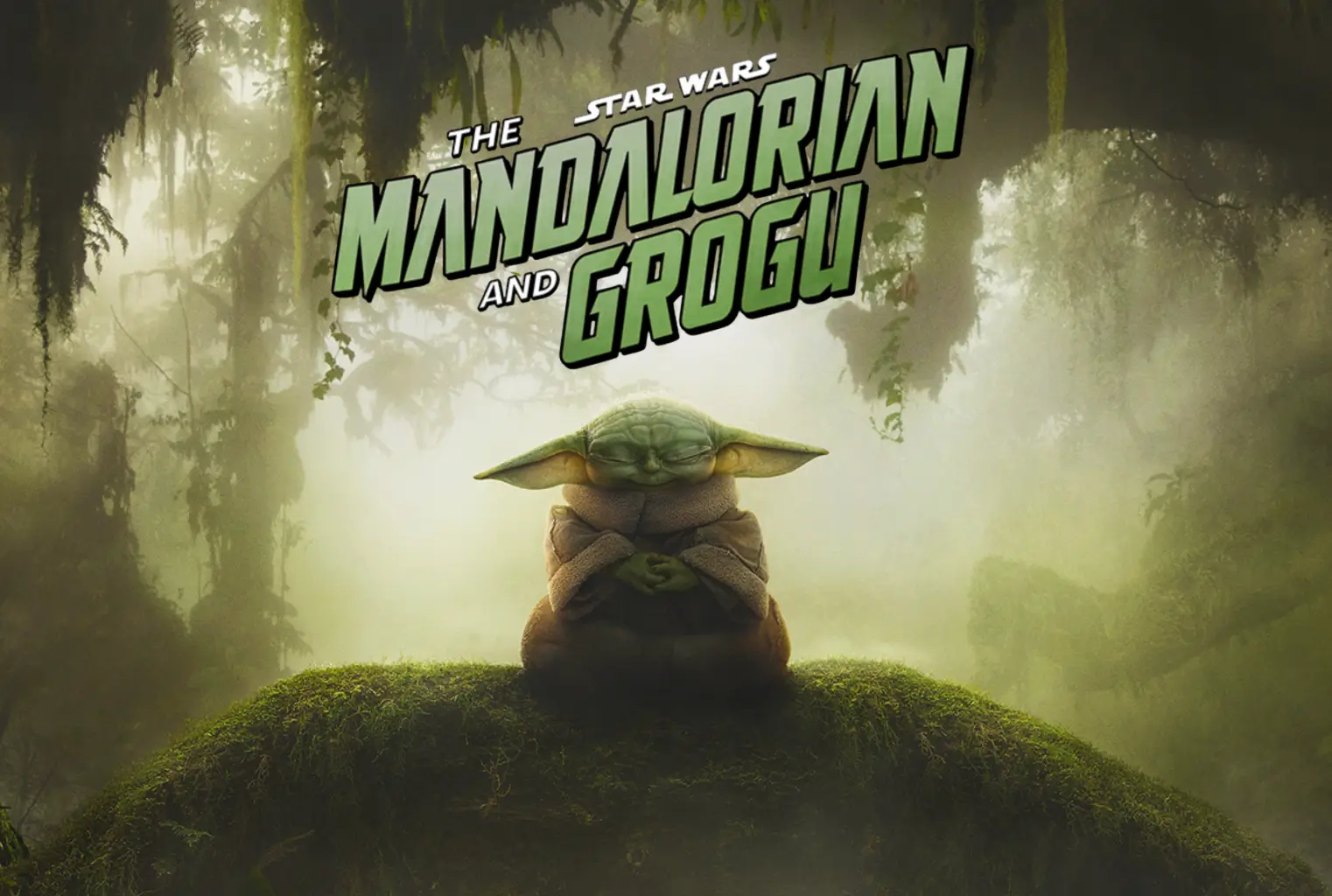 Atmospheric promotional poster for Star Wars: The Mandalorian and Grogu featuring Grogu meditating atop a moss-covered forest mound surrounded by misty jungle scenery, with cinematic green typography reinforcing the mystical and emotional tone of the upcoming adventure