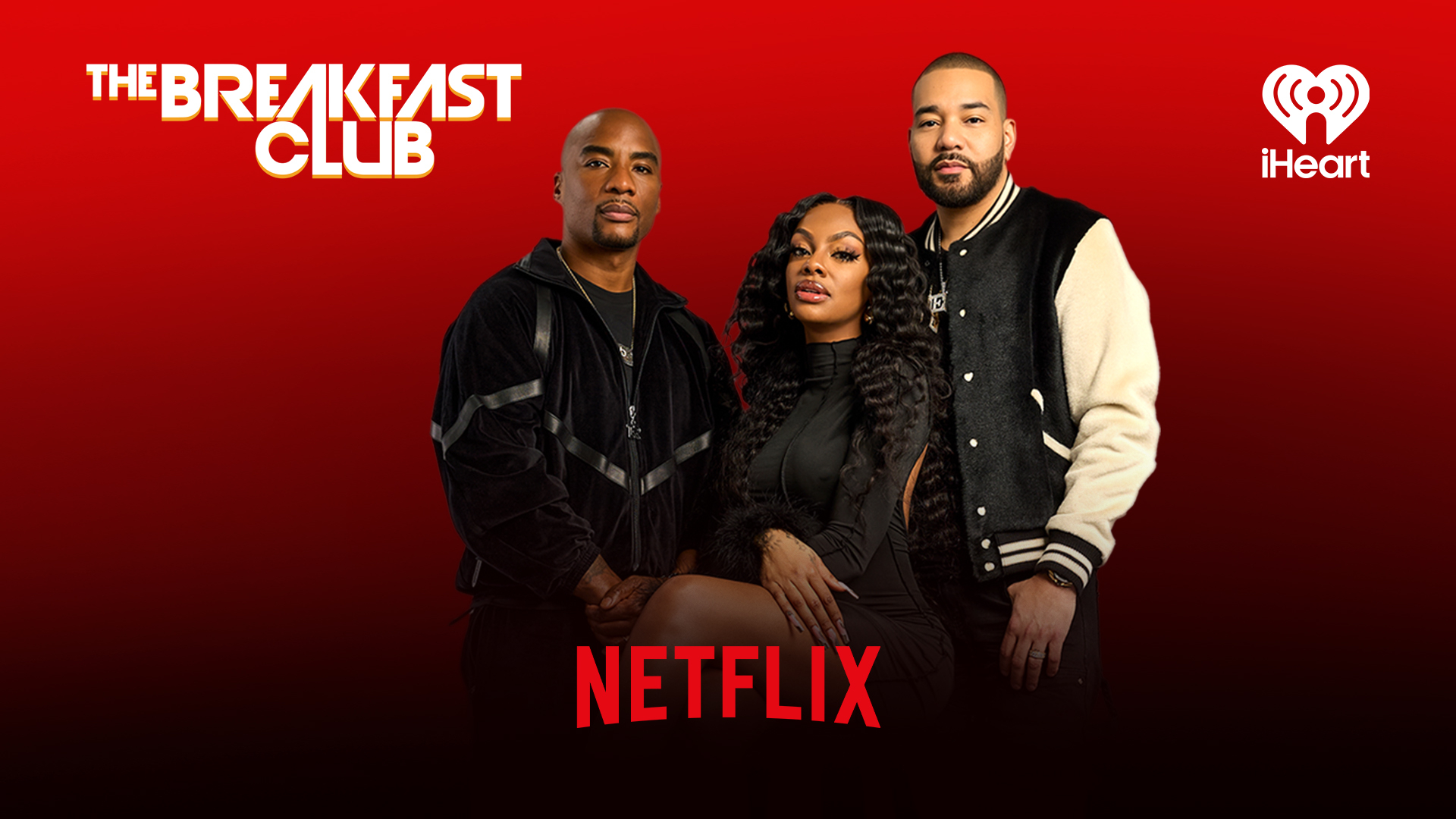 Promotional artwork for The Breakfast Club featuring the show’s hosting lineup posed against a bold red gradient background. The show’s logo appears in the upper left, the iHeart logo sits in the upper right, and the Netflix wordmark anchors the bottom center—highlighting the expansion of the long-running radio and interview platform into streaming