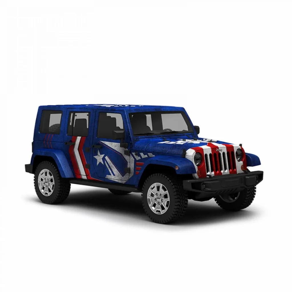 Front three-quarter studio render of a customized Jeep Wrangler finished in a bold Captain America-inspired livery. The body is wrapped in textured deep blue with red, white, and silver graphic panels flowing across the hood and doors, including a large star-and-shield motif integrated into the side profile. The signature Jeep grille receives alternating red and white accents, reinforcing the patriotic comic-book aesthetic. Black trim and off-road proportions contrast against the clean white background, giving the SUV a concept-car presentation