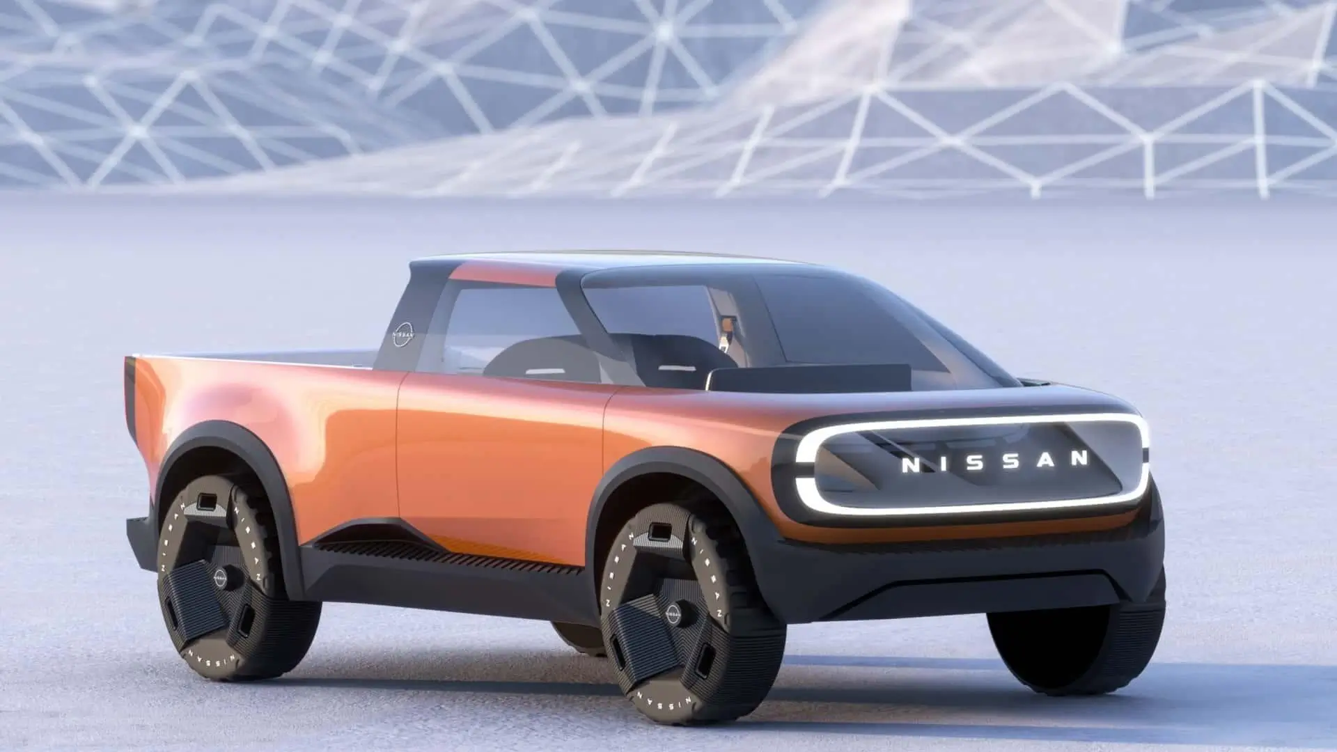 Front three-quarter studio render of the Nissan Surf-Out Concept showcasing its transparent grille treatment, geometric wheel covers, compact pickup proportions, and clean EV design language