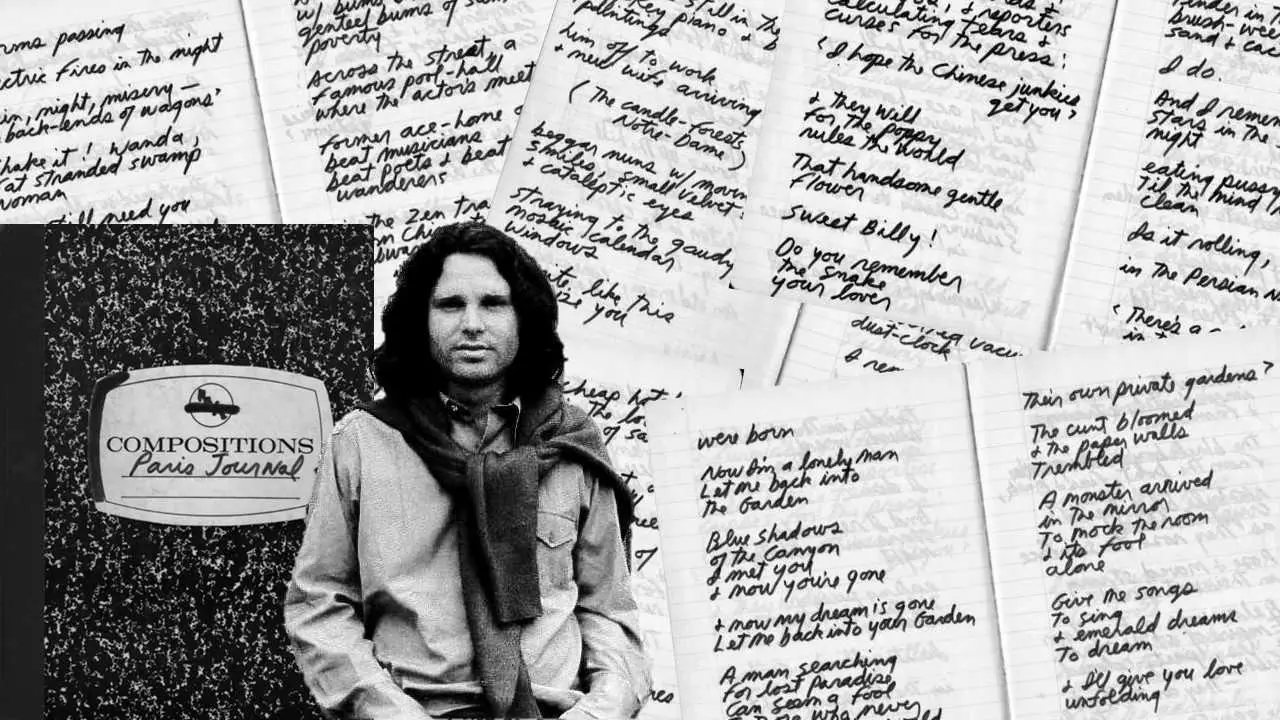 Collage-style archival image featuring Jim Morrison surrounded by handwritten pages from his famed Paris Journal notebooks, blending poetry fragments, lyrical drafts, and personal reflections that reveal the literary and introspective world behind The Doors frontman’s mythic legacy