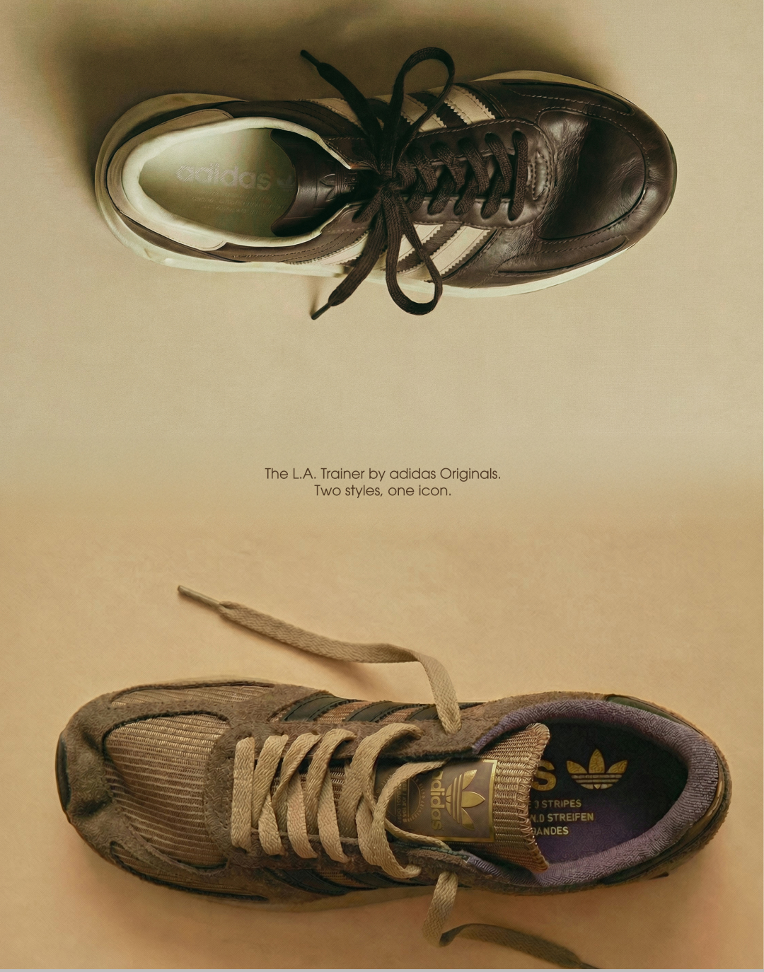 A vertical campaign composition contrasts two adidas L.A. Trainer styles — the premium brown leather “Made in Italy” version and the sportier suede-and-mesh OG edition — presented in top-down studio photography with warm neutral tones emphasizing the silhouette’s balance between luxury craftsmanship and retro athletic heritage