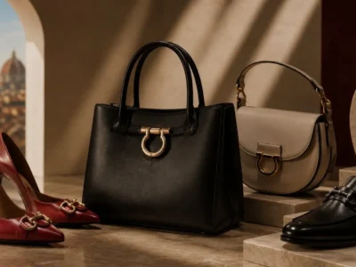 Luxury Ferragamo leather accessories arranged in a warm, softly lit interior inspired by Italian architecture, featuring burgundy pointed-toe heels, a black structured tote bag with gold hardware, a taupe saddle bag, and black leather loafers displayed on polished stone surfaces beside an arched cityscape backdrop