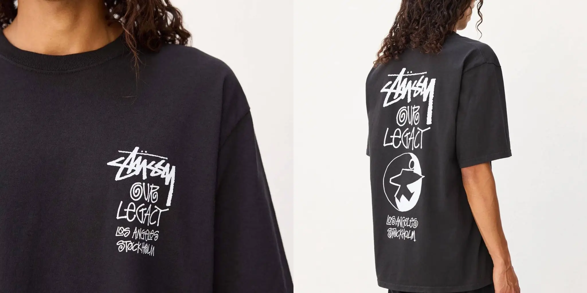 Front-and-back studio view of an oversized black graphic T-shirt worn by a model against a neutral backdrop. The front features a small white handwritten-style “Stüssy Our Legacy” graphic with Los Angeles and Stockholm text placed at the chest. The back expands the artwork with oversized stacked branding and a circular illustrated character graphic, creating a bold high-contrast streetwear finish