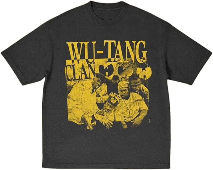 Wu-Tang Clan Classic Graphic T-Shirt – Iconic black and yellow design featuring the original Clan members, one of the most popular pieces available at the 2026 pop-up events