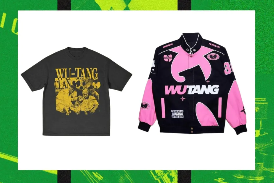 Wu-Tang Clan Limited Merch Drop – Iconic black graphic tee paired with the bold pink and black “Forever” bomber jacket, both expected to be available at the 2026 C.R.E.A.M. pop-up events