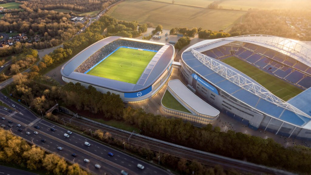 A stunning rendering of KSS's proposed 10,000-seat women's stadium for Brighton & Hove Albion at Bennett's Field, connected by bridge to the Amex Stadium. Europe's first purpose-built venue for women's football, targeted for 2030. "Built for Her