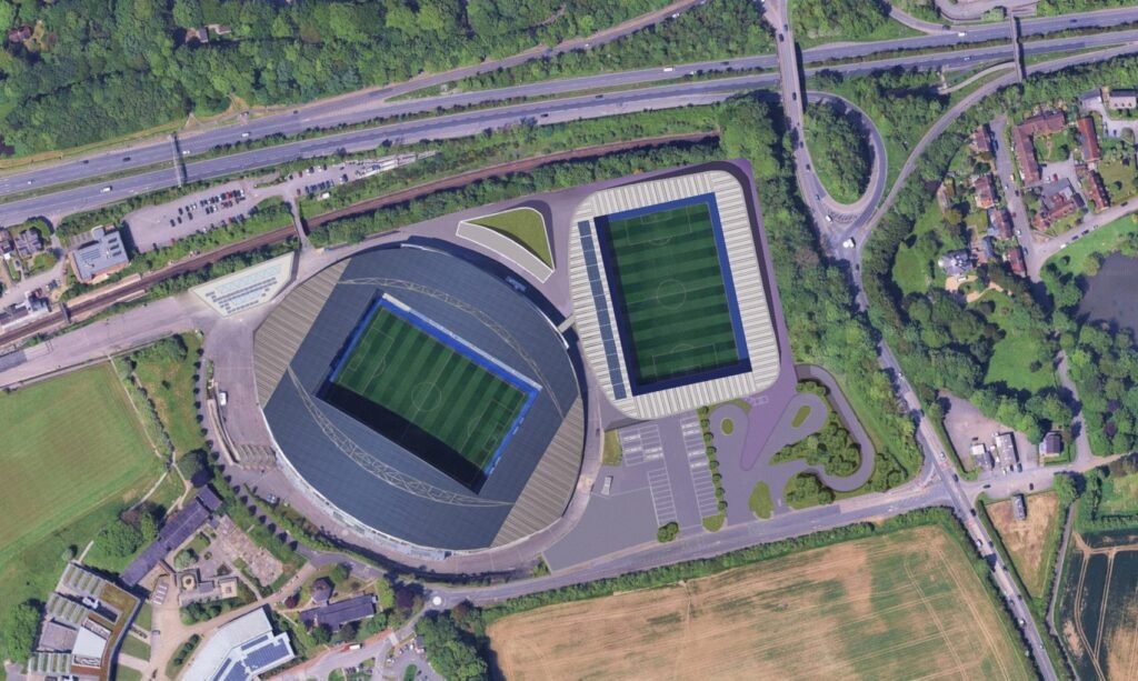 A stunning rendering of KSS's proposed 10,000-seat women's stadium for Brighton & Hove Albion at Bennett's Field, connected by bridge to the Amex Stadium. Europe's first purpose-built venue for women's football, targeted for 2030. "Built for Her