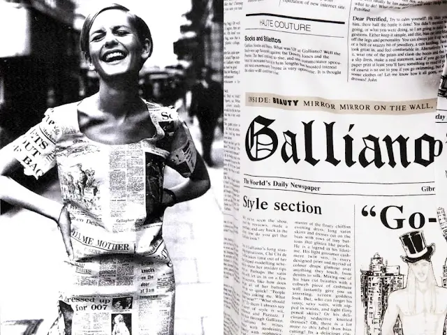 Black-and-white image of a woman smiling in a fitted newspaper-print dress on a city street, paired alongside a close-up of newspaper pages featuring bold “Galliano” headline typography, linking fashion imagery with editorial print culture