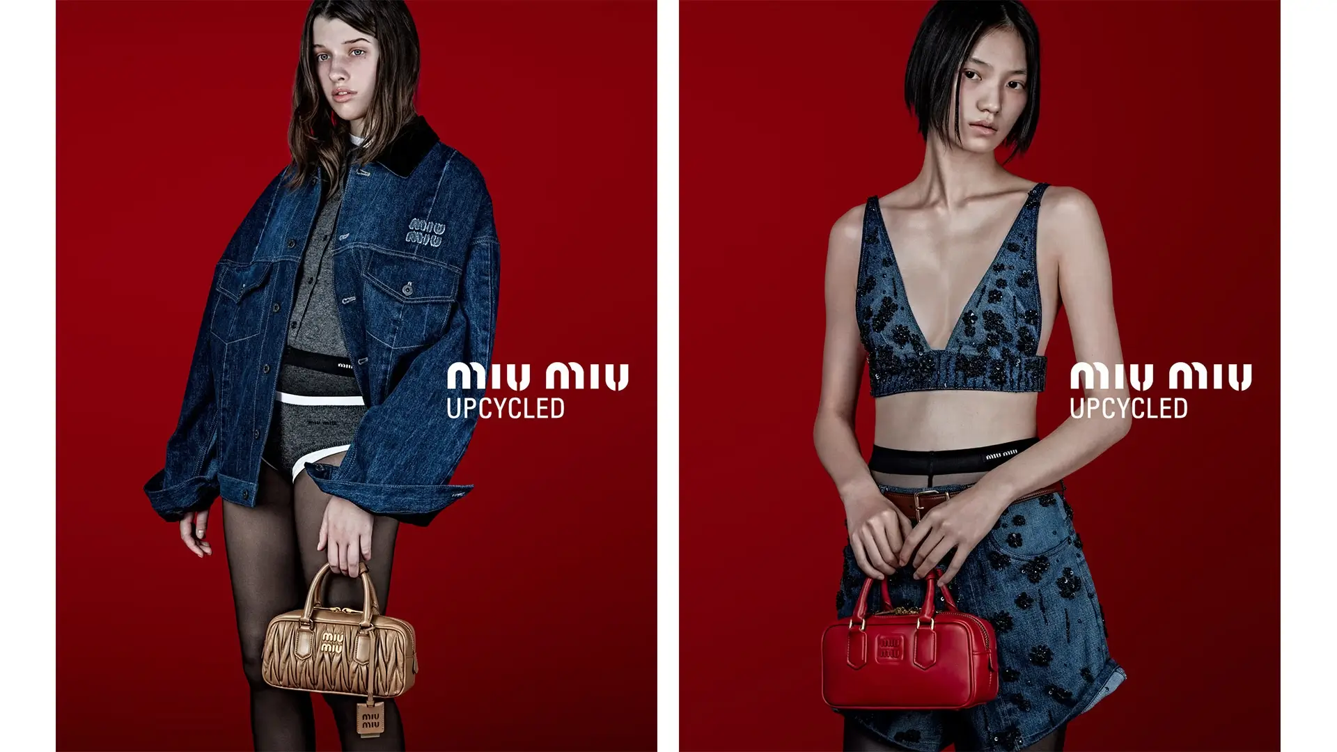 Diptych campaign image for Miu Miu Upcycled featuring two models posed against a bold red backdrop wearing reconstructed denim and embellished garments while holding structured leather handbags
