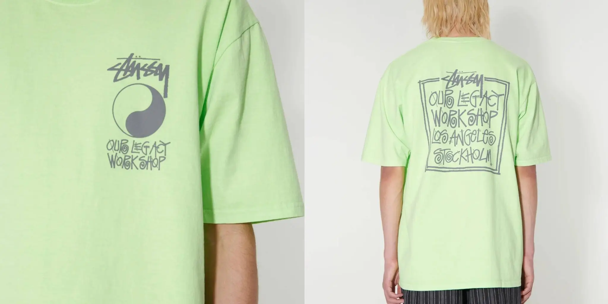 Studio product image showing a relaxed-fit pastel lime green graphic T-shirt in front and back views. The front features a small grey co-branded graphic combining handwritten “Stüssy” lettering with a yin-yang-inspired symbol and “Our Legacy Workshop” text. The back carries a larger framed graphic treatment with stacked handwritten typography reading “Our Legacy Workshop” alongside Los Angeles and Stockholm references, giving the piece a vintage workshop-meets-streetwear aesthetic