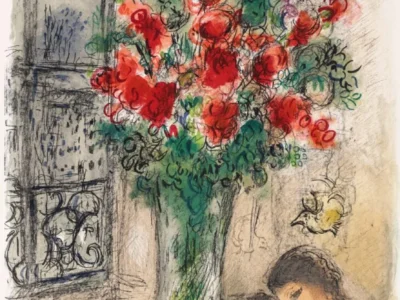 A delicate and dreamlike Marc Chagall composition featuring a towering bouquet of vivid red flowers arranged in a tall green glass vase beside an open window. Loose black sketch lines swirl throughout the scene, giving the work its signature floating, lyrical movement. In the lower right corner, an embracing couple appears in soft, tender tones, reinforcing themes of intimacy and emotional warmth. A small bowl of fruit rests on the patterned tabletop, while muted creams, pale grays, emerald greens, and bursts of crimson create a luminous, poetic atmosphere characteristic of Chagall’s romantic modernist style